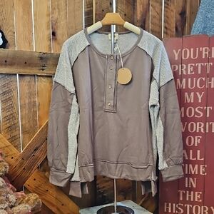 295 BiBi Tan Henley with Cream Textured Raglan Panels